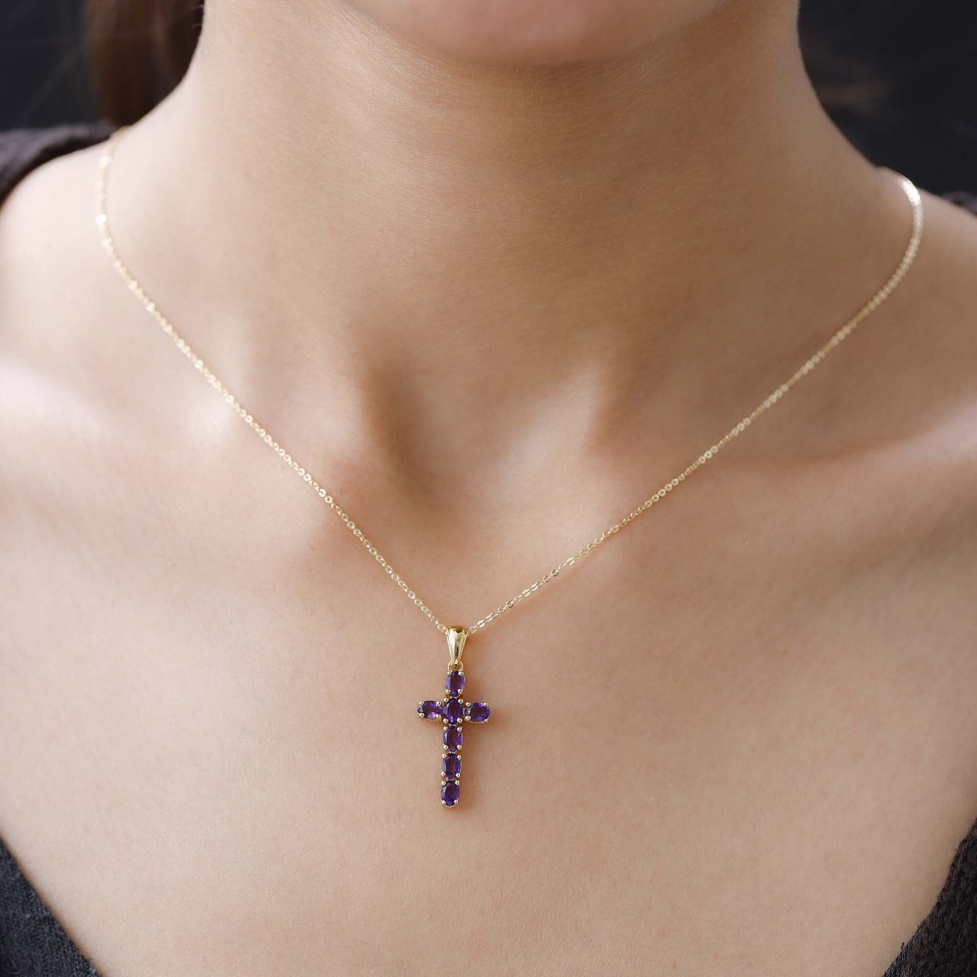 AAA Tanzanite and Zircon Cross Pendant Necklace 20 Inch in sold Vermeil Yellow Gold and Platinum Over Sterling Silver Tanzanite Jewelry Gift For