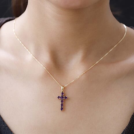 D'Joy Amethyst Cross Pendant with Chain (Size - 20) in 18K Vermeil Yellow Gold Plated Sterling Silver 1.10 Ct.