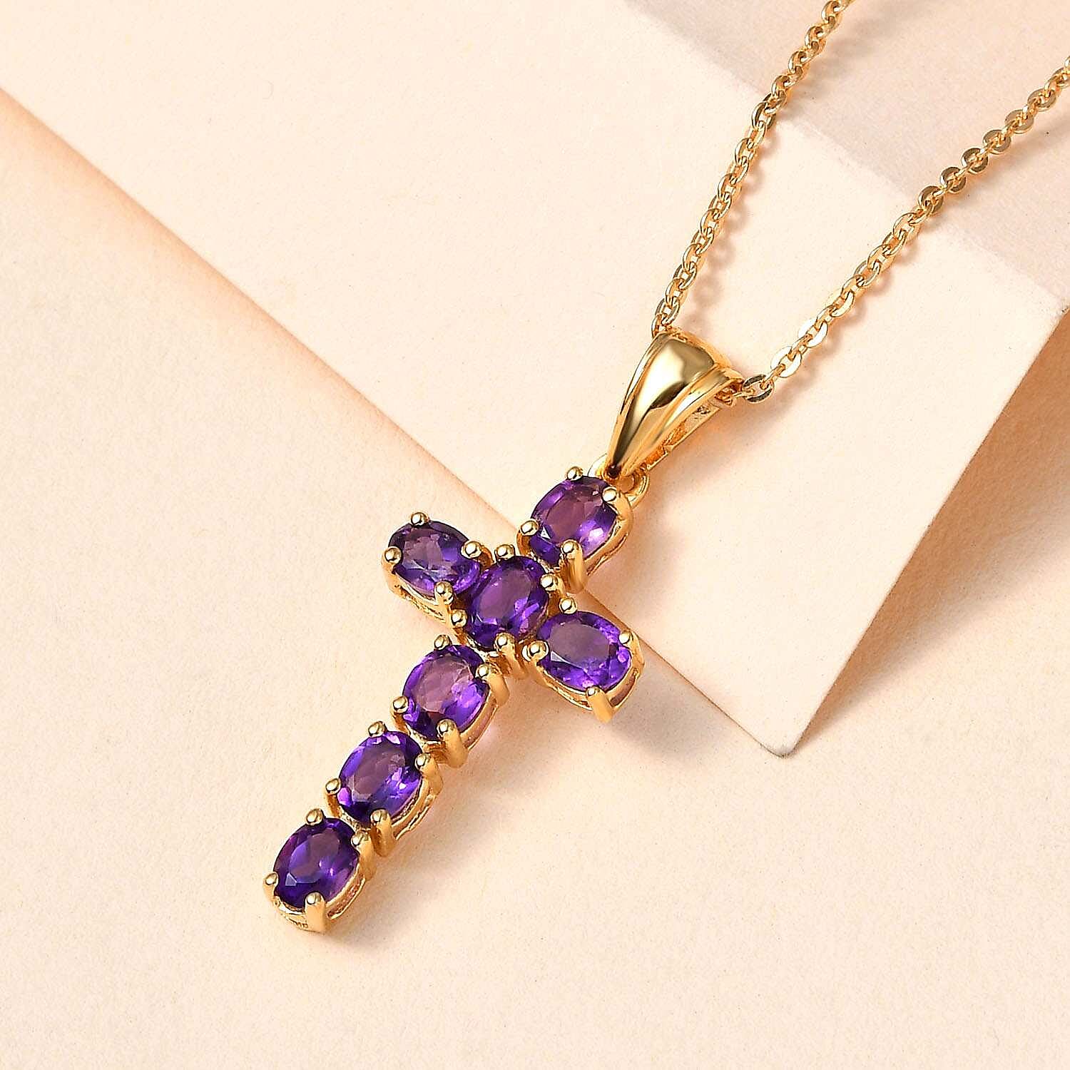 Amethyst Cross Pendant with Chain (Size - 20) in 18K Vermeil Yellow Gold Plated Sterling Silver 1.10 Ct.