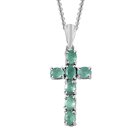 Zambian Emerald Cross Pendant with Chain (Size - 20) in Platinum Overlay Sterling Silver 1.11 Ct.