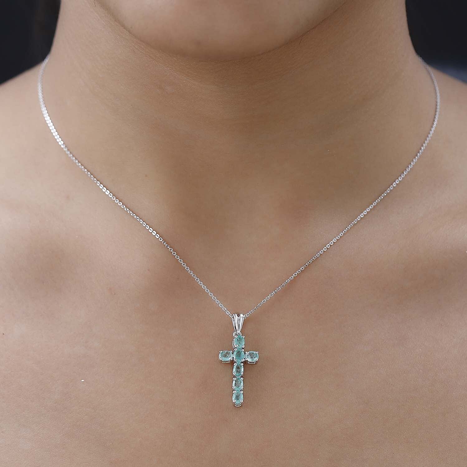 Zambian Emerald Cross Pendant with Chain (Size - 20) in Platinum Overlay Sterling Silver 1.11 Ct.