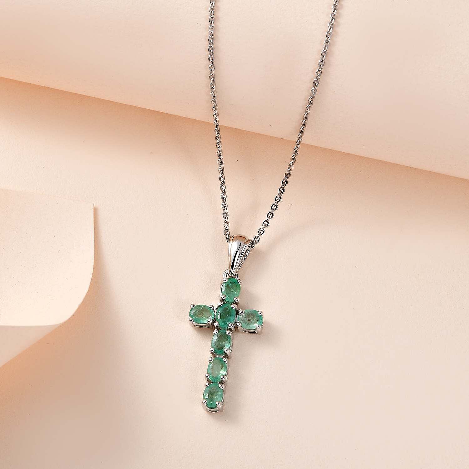 Zambian Emerald Cross Pendant with Chain (Size - 20) in Platinum Overlay Sterling Silver 1.11 Ct.