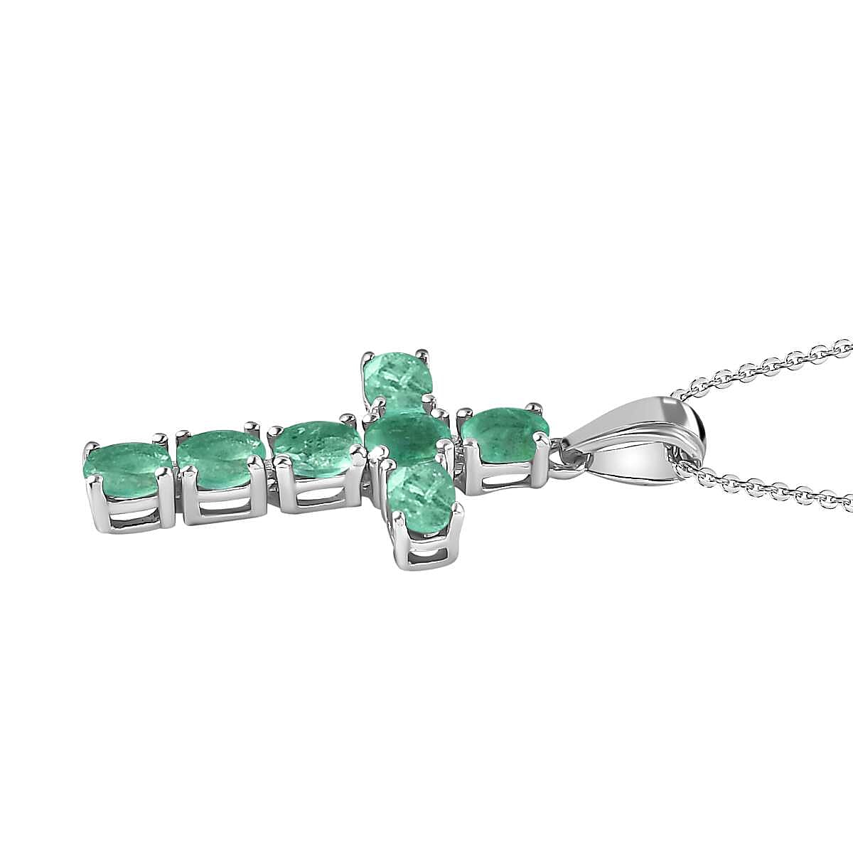 Zambian Emerald Cross Pendant with Chain (Size - 20) in Platinum Overlay Sterling Silver 1.11 Ct.