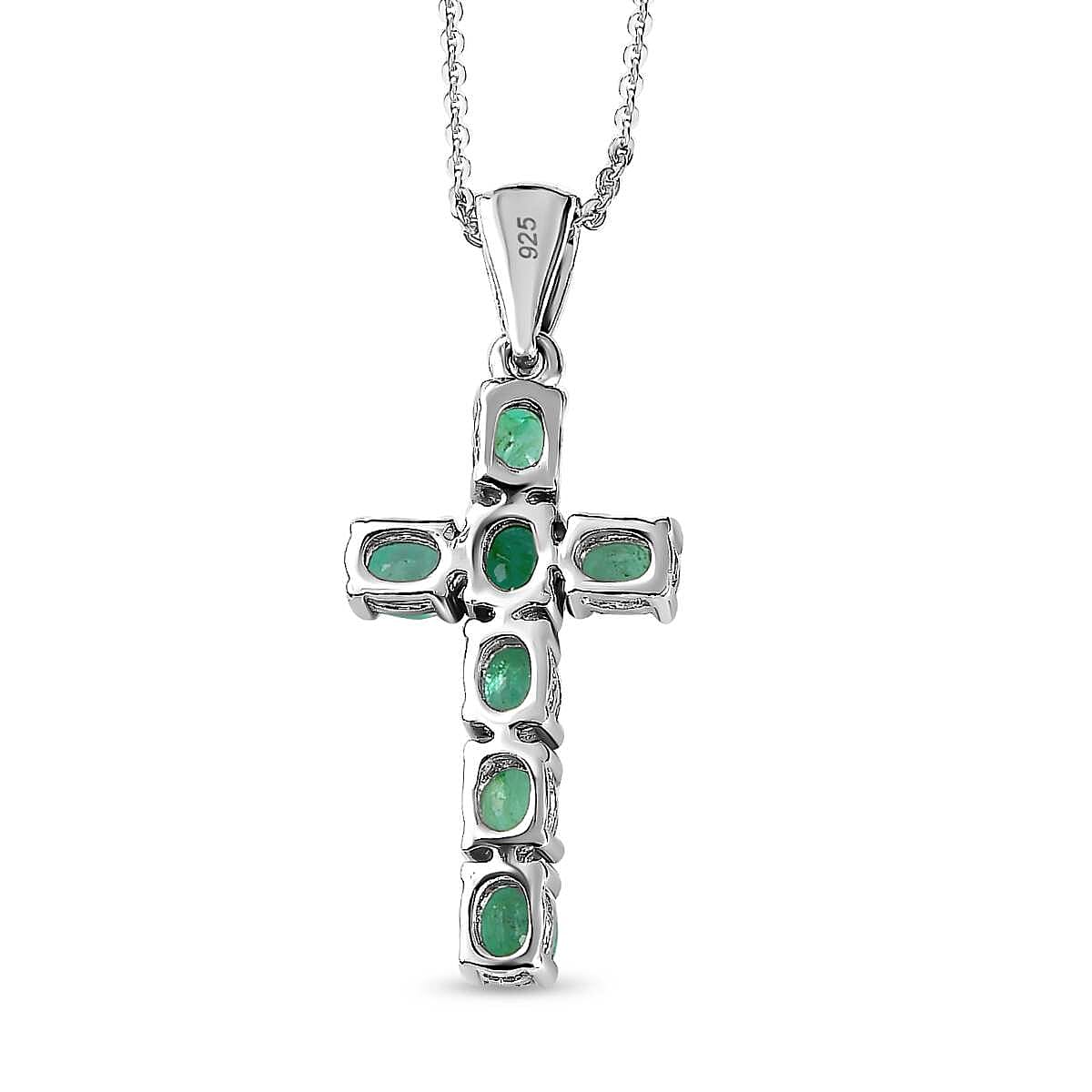 Zambian Emerald Cross Pendant with Chain (Size - 20) in Platinum Overlay Sterling Silver 1.11 Ct.