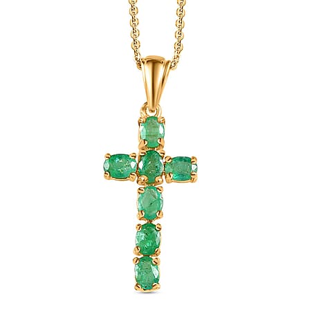 Zambian Emerald Cross Pendant with Chain(20) in 18K Vermeil Yellow Gold Overlay Sterling Silver 1.13 Ct.