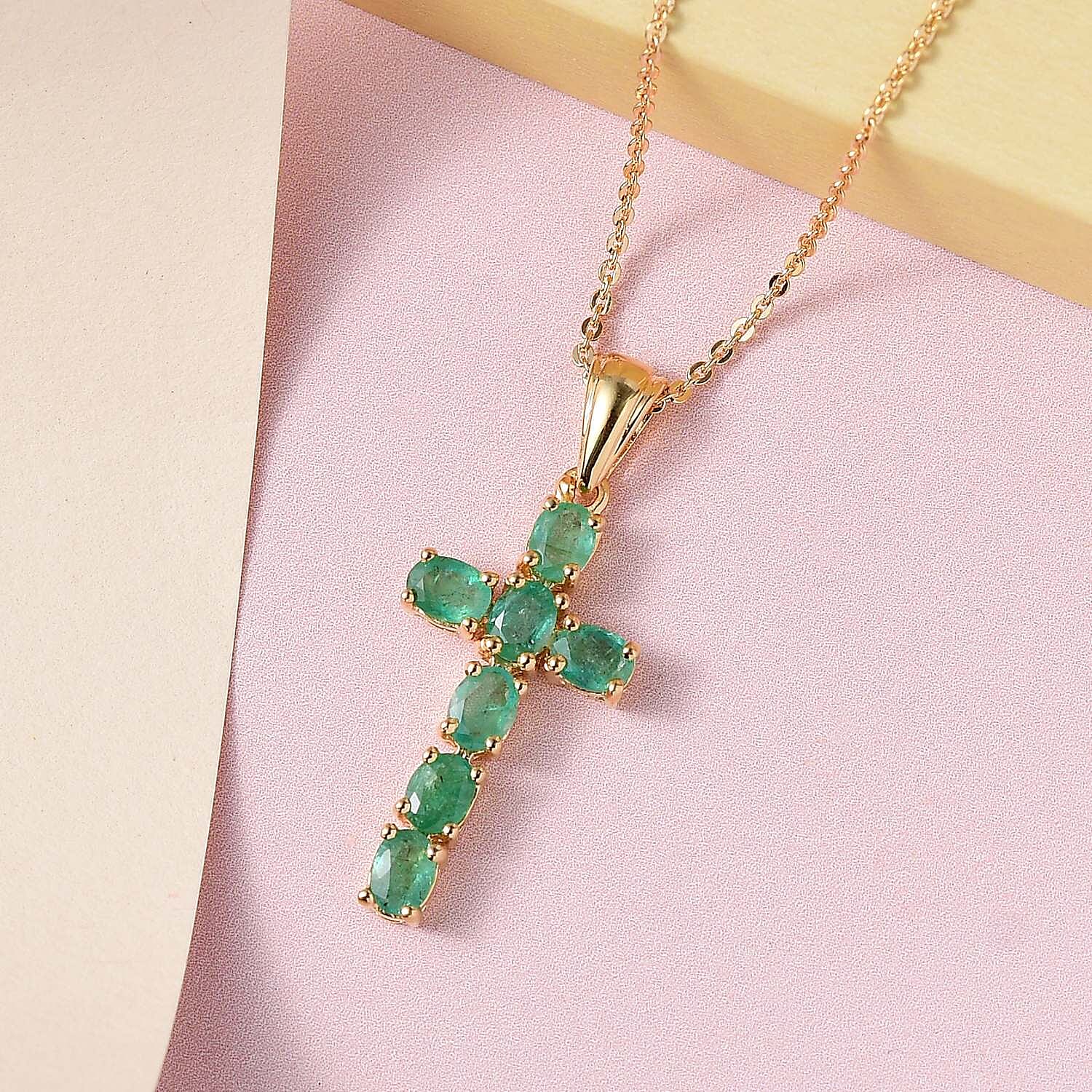 Zambian Emerald Cross Pendant with Chain(20) in 18K Vermeil Yellow Gold Overlay Sterling Silver 1.13 Ct.