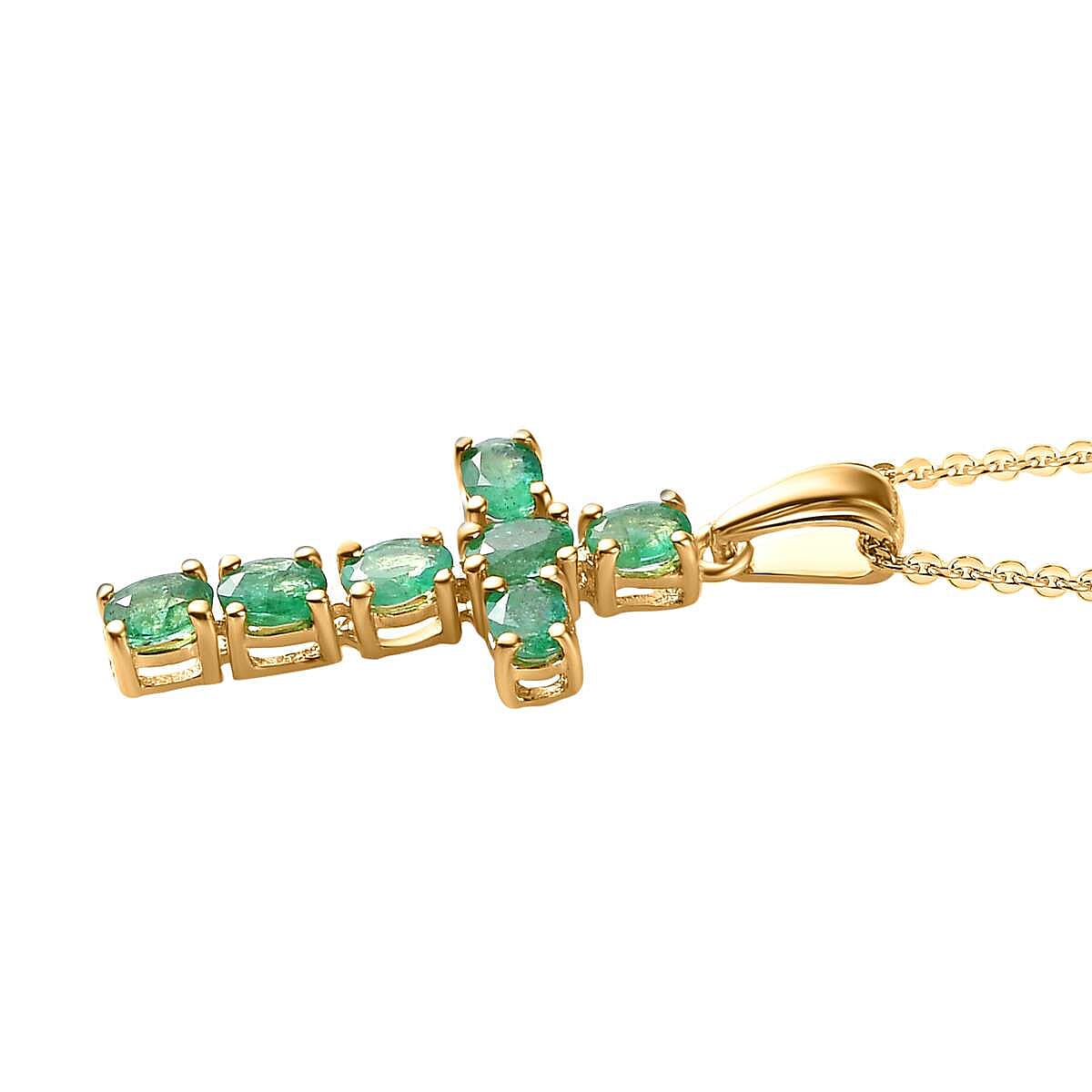 Zambian Emerald Cross Pendant with Chain(20) in 18K Vermeil Yellow Gold Overlay Sterling Silver 1.13 Ct.