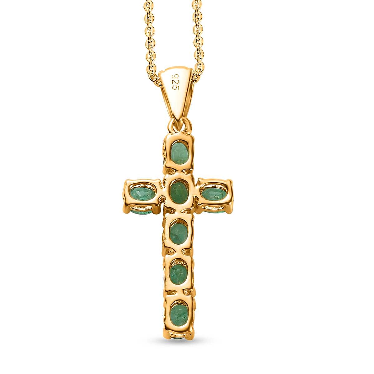 Zambian Emerald Cross Pendant with Chain(20) in 18K Vermeil Yellow Gold Overlay Sterling Silver 1.13 Ct.