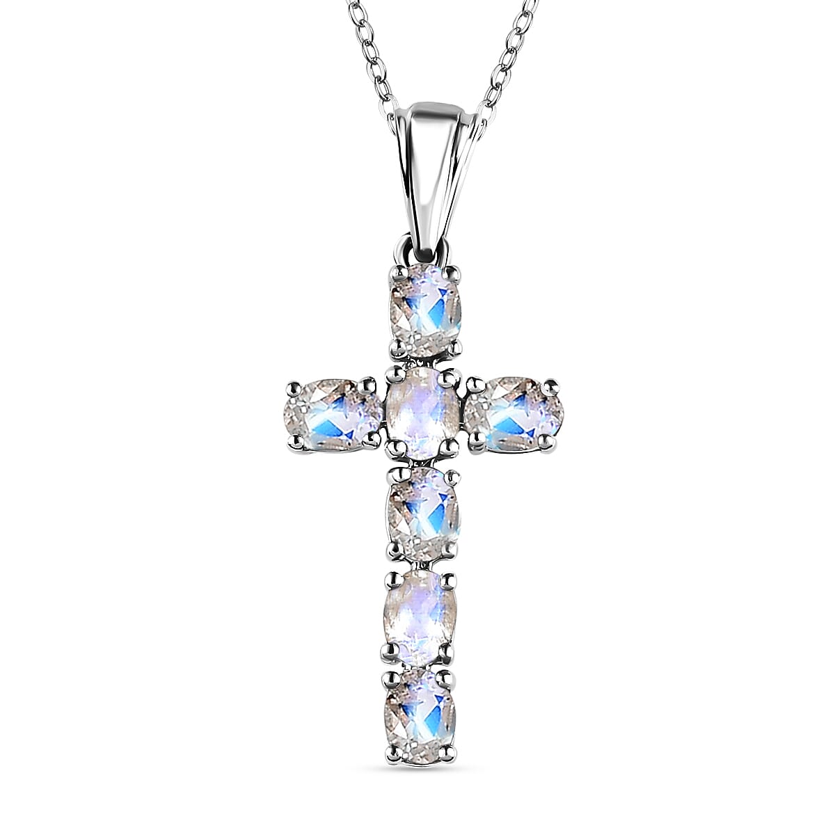 Rainbow Moonstone Cross Pendant with Chain ( Size 20) in Platinum Overlay Sterling Silver 1.169 Ct.