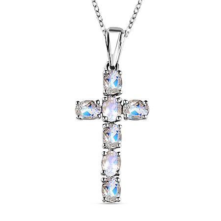 Rainbow Moonstone Cross Pendant with Chain (Size - 20) in Platinum Overlay Sterling Silver 1.32 Ct.