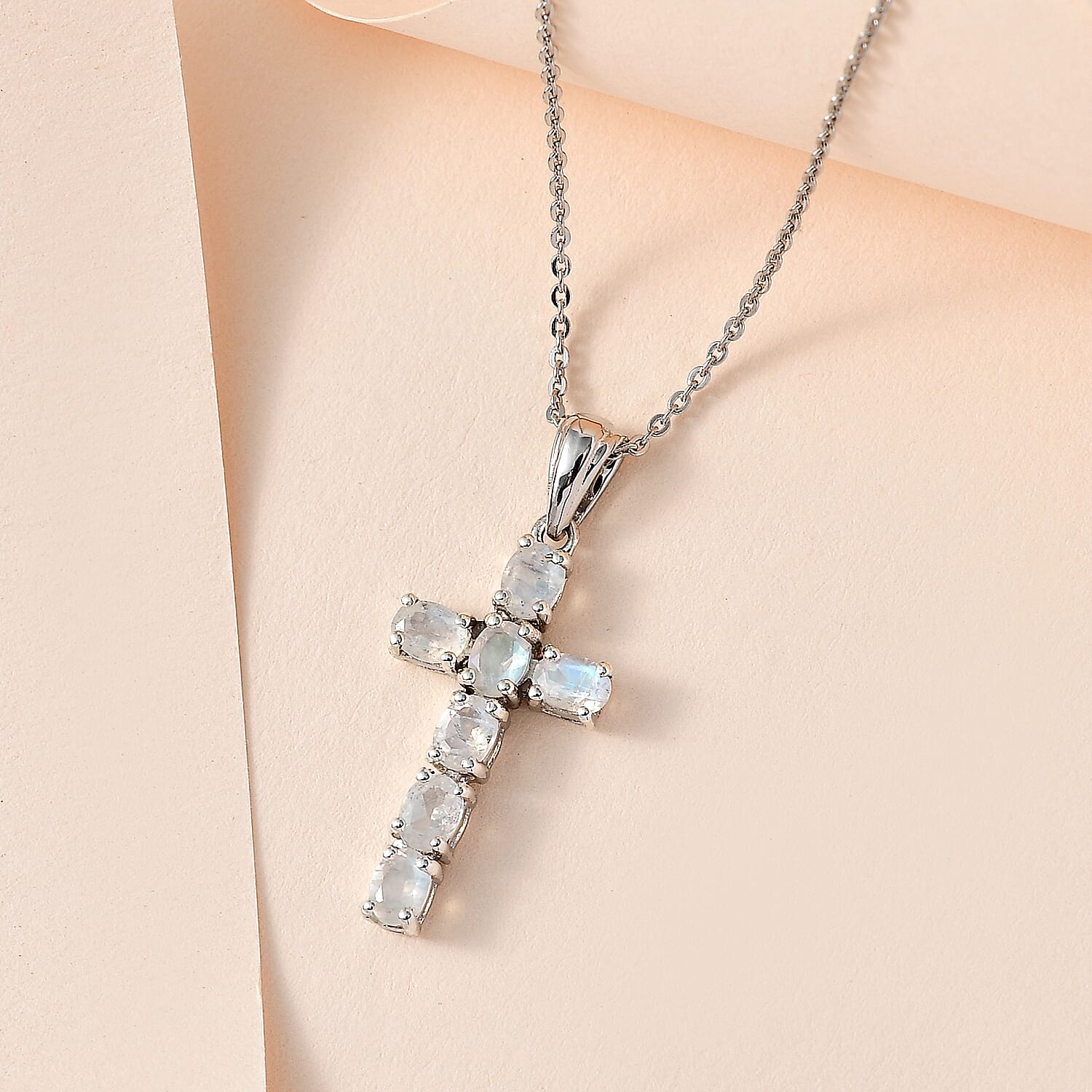 Rainbow Moonstone Cross Pendant with Chain ( Size 20) in Platinum Overlay Sterling Silver 1.169 Ct.