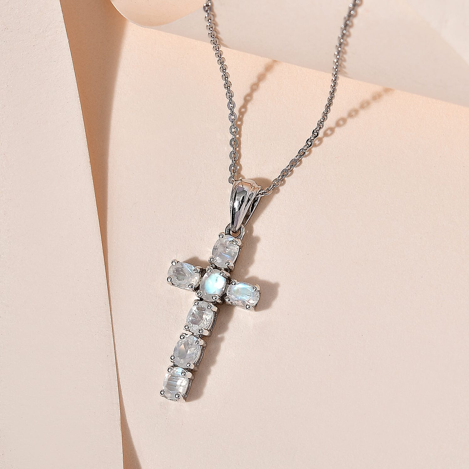 Rainbow Moonstone Cross Pendant with Chain ( Size 20) in Platinum Overlay Sterling Silver 1.169 Ct.