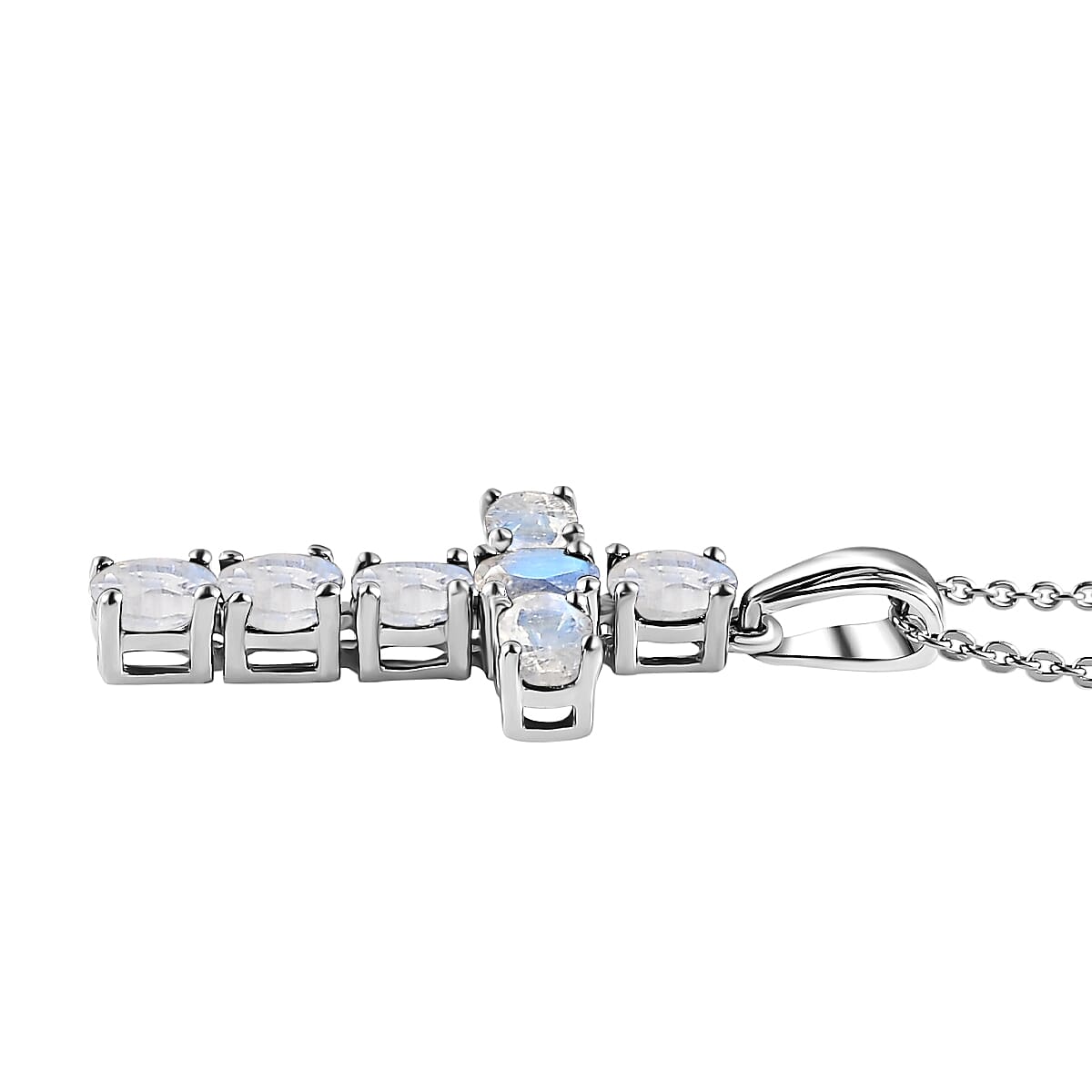 Rainbow Moonstone Cross Pendant with Chain ( Size 20) in Platinum Overlay Sterling Silver 1.169 Ct.