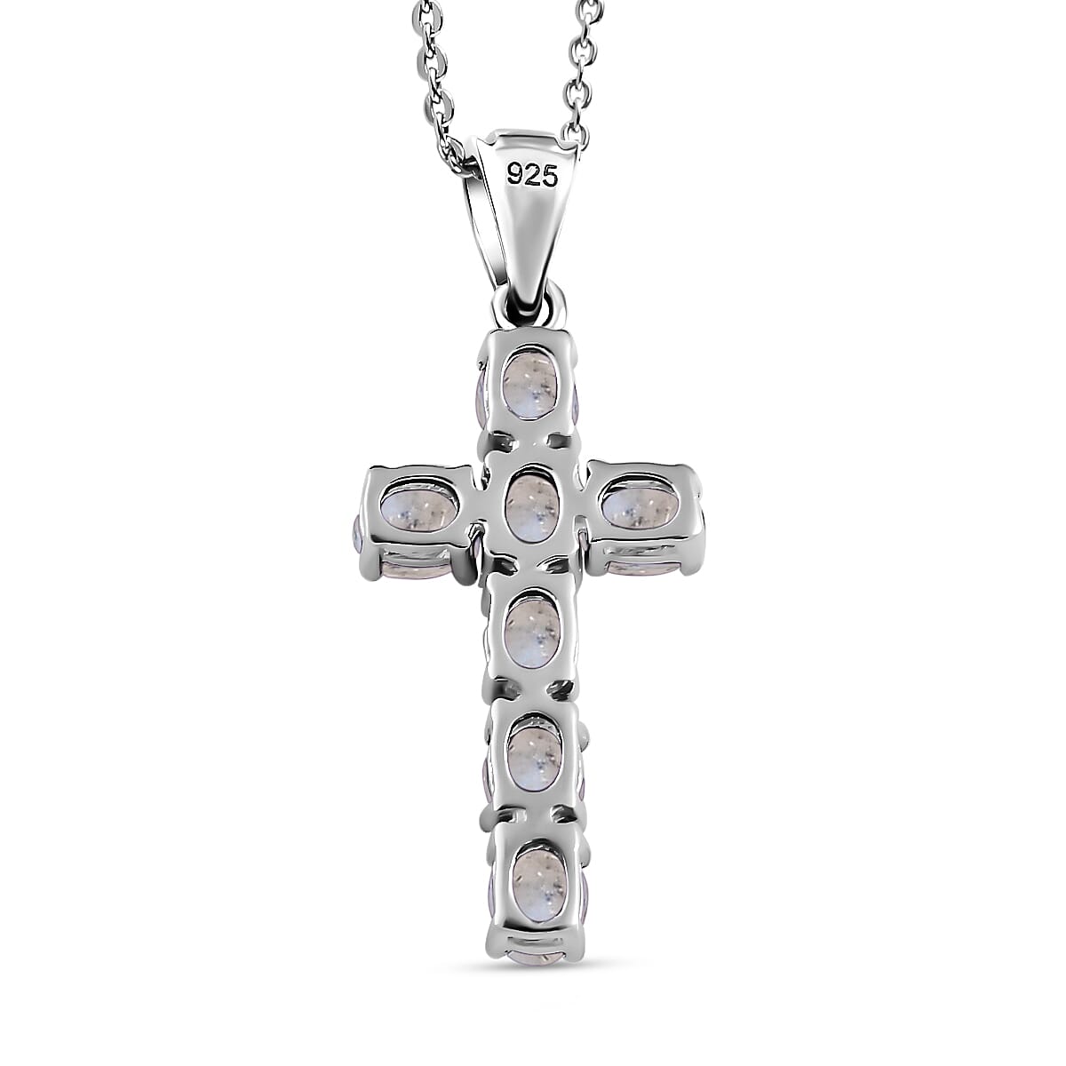 Rainbow Moonstone Cross Pendant with Chain ( Size 20) in Platinum Overlay Sterling Silver 1.169 Ct.