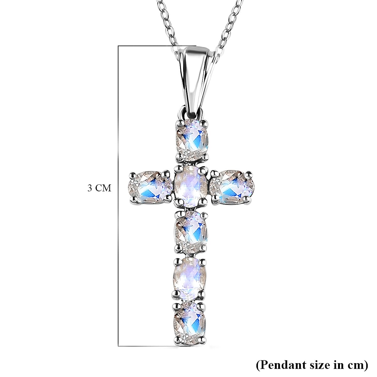 Rainbow Moonstone Cross Pendant with Chain ( Size 20) in Platinum Overlay Sterling Silver 1.169 Ct.