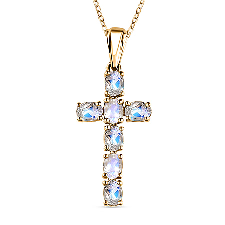 Rainbow Moonstone Cross Pendant with Chain (Size - 20) in 18K Vermeil Yellow Gold Plated Sterling Silver 1.15  Ct.
