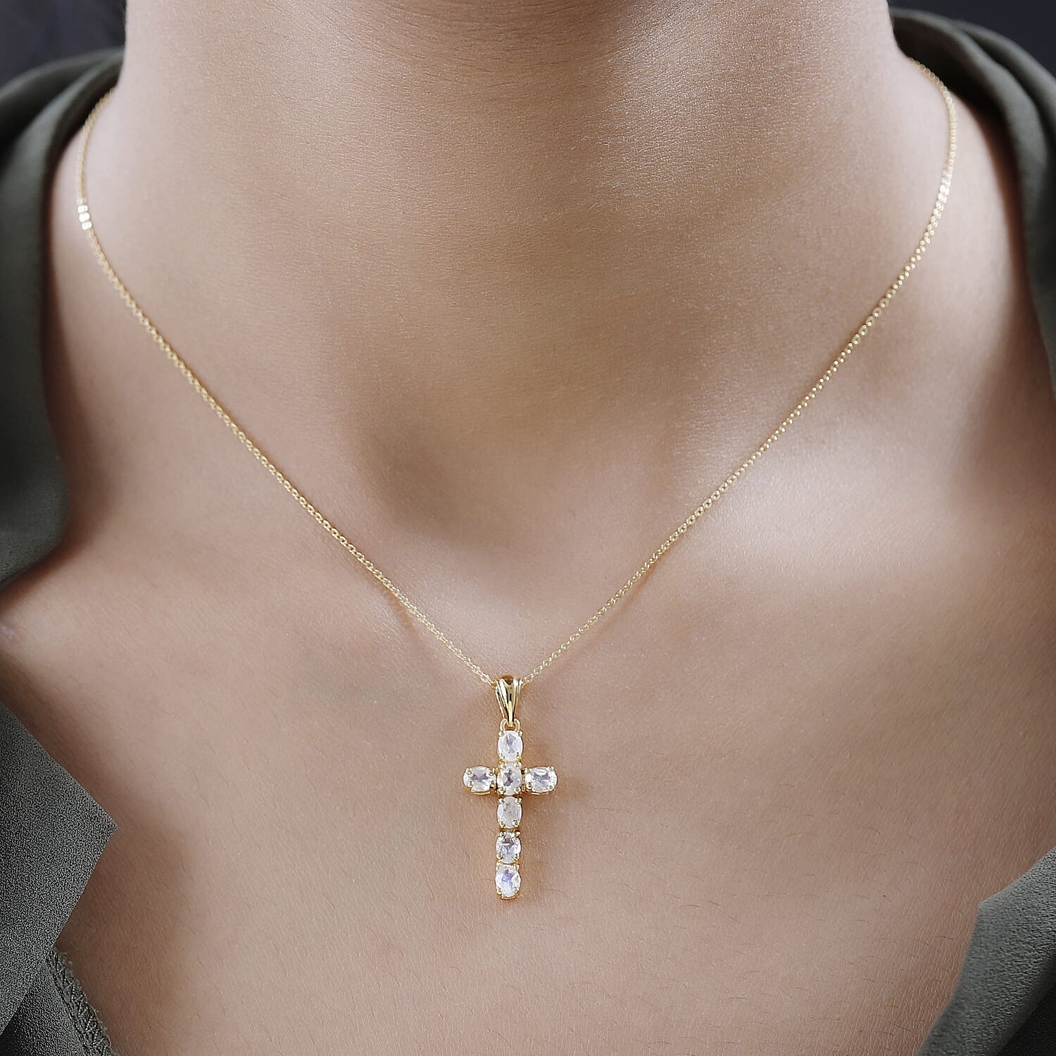 Rainbow Moonstone Cross Pendant with Chain (Size - 20) in 18K Vermeil Yellow Gold Plated Sterling Silver 1.15  Ct.