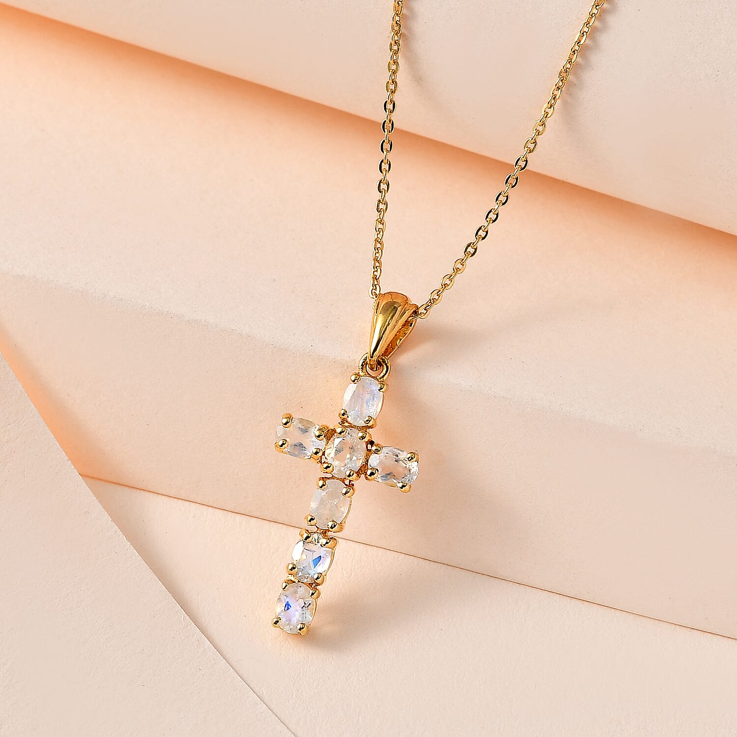 Rainbow Moonstone Cross Pendant with Chain (Size - 20) in 18K Vermeil Yellow Gold Plated Sterling Silver 1.15  Ct.