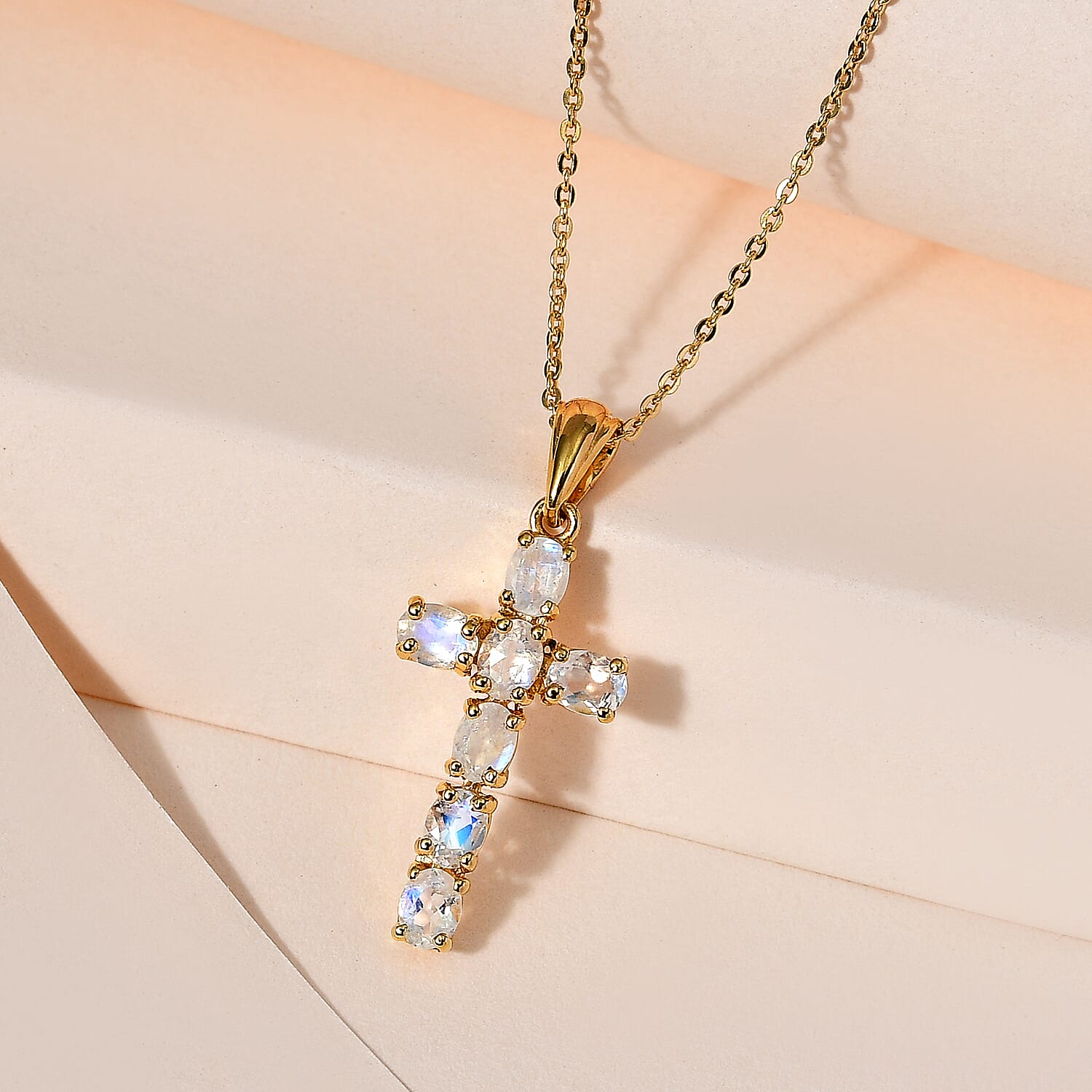 Rainbow Moonstone Cross Pendant with Chain (Size - 20) in 18K Vermeil Yellow Gold Plated Sterling Silver 1.15  Ct.