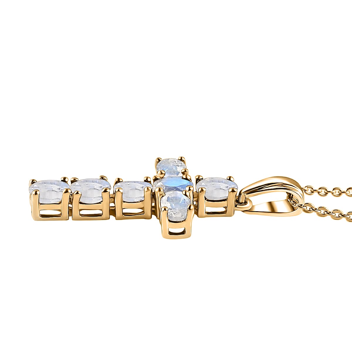 Rainbow Moonstone Cross Pendant with Chain (Size - 20) in 18K Vermeil Yellow Gold Plated Sterling Silver 1.15  Ct.