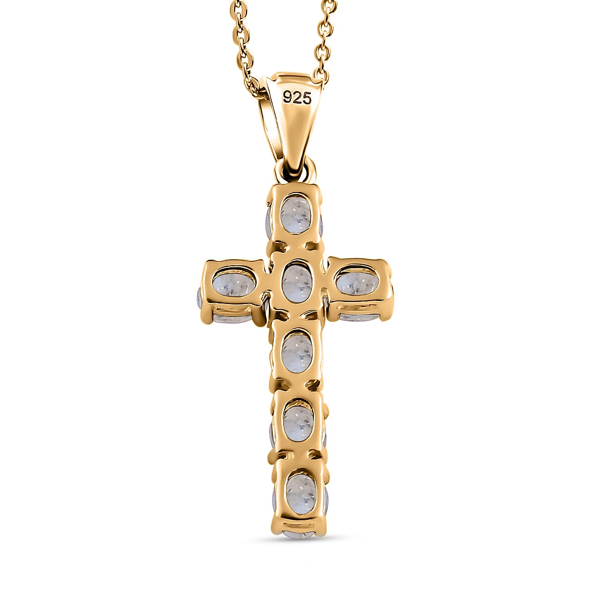 Rainbow Moonstone Cross Pendant with Chain (Size - 20) in 18K Vermeil Yellow Gold Plated Sterling Silver 1.15  Ct.