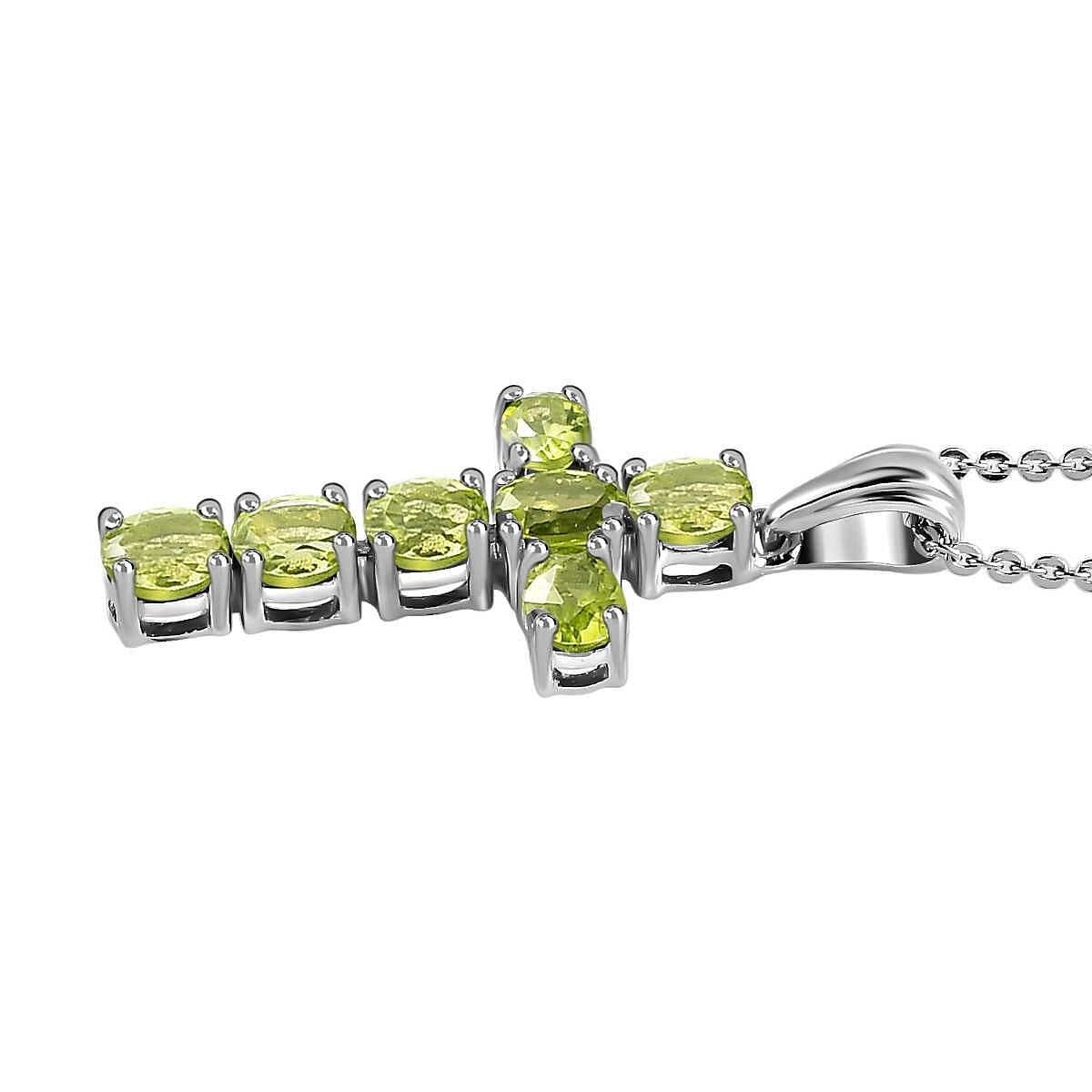 Hebei Peridot Cross Pendant with Chain (Size-20) in Platinum Overlay Sterling Silver 1.26 Ct.
