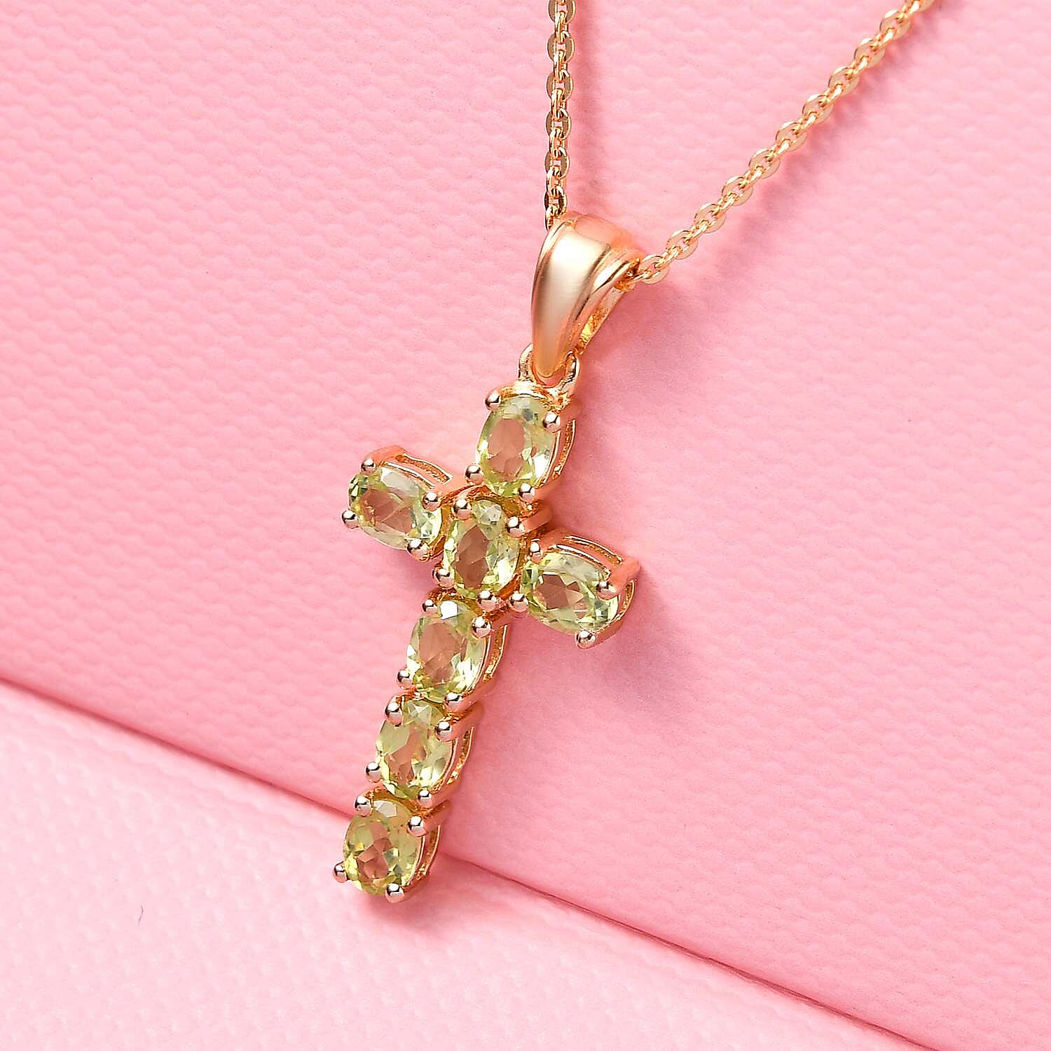 Hebei Peridot Cross Pendant with Chain (Size- 20 ) in 18K Vermeil Yellow Gold Plated Sterling Silver 1.19 Ct