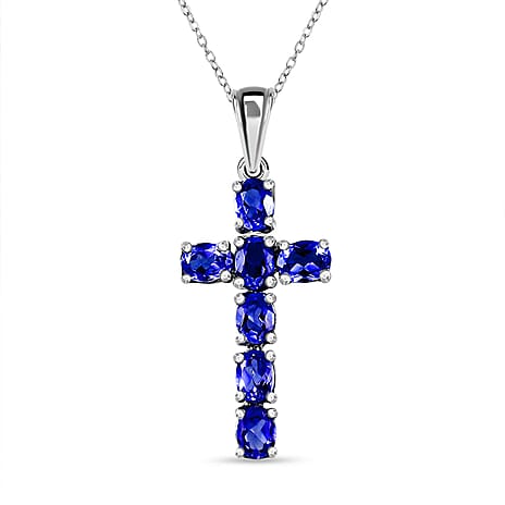 D'Joy - Masoala Sapphire (FF) Cross Pendant with Chain (Size- 20) in Platinum Overlay Sterling Silver 1.80 Ct.