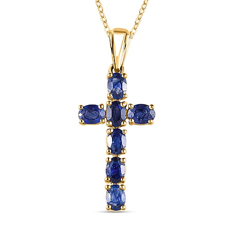 Masoala Sapphire (FF) Cross Pendant with Chain (Size 20) in 18K Yellow Gold Vermeil Plated Sterling Silver, 1.80 Ct.