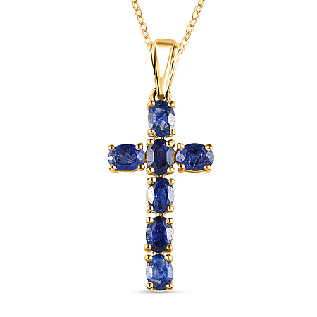 Fissure Filled Blue Sapphire Cross Pendant with Chain (Size 20 Inch) in Vermeil YG Sterling Silver