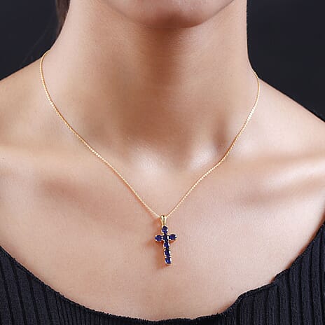 Masoala Sapphire (FF) Cross Pendant with Chain (Size 20) in 18K Yellow Gold Vermeil Plated Sterling Silver, 1.80 Ct.