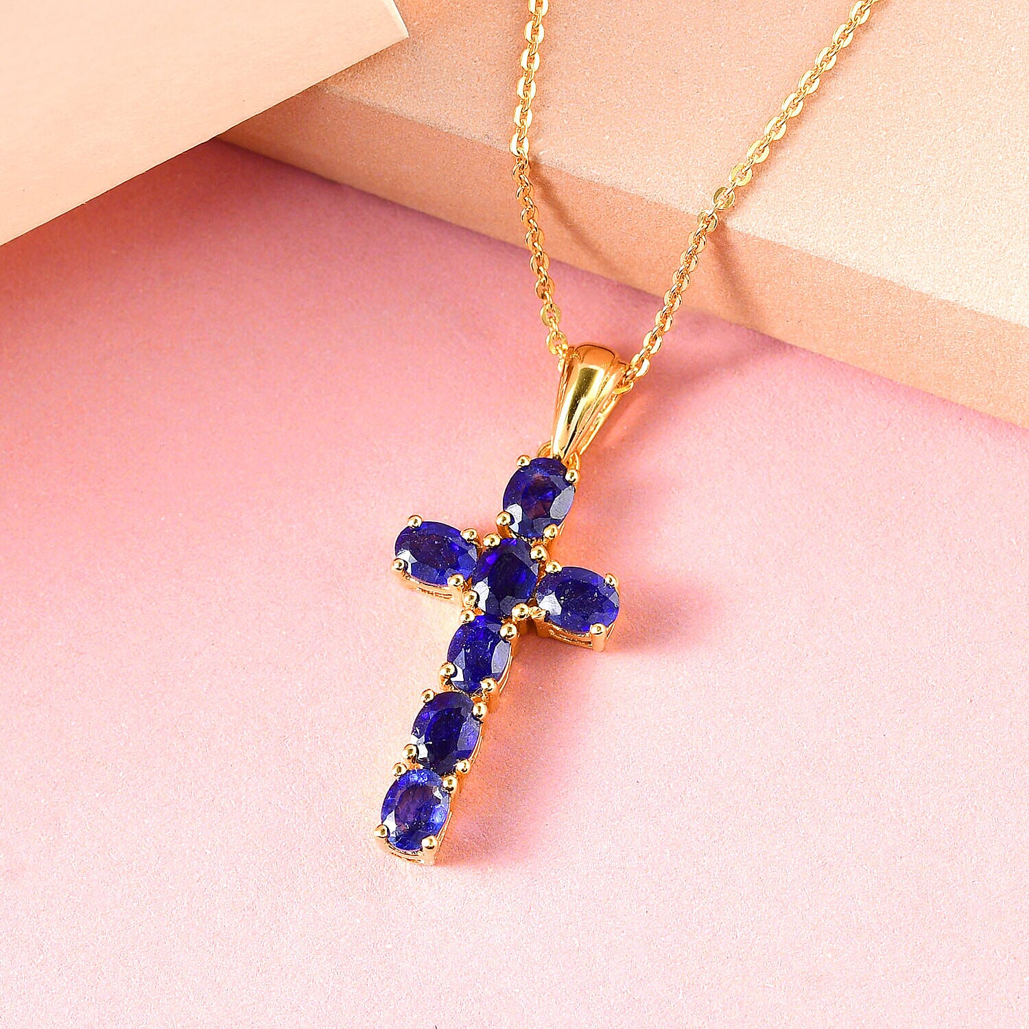 Masoala Sapphire (FF) Cross Pendant with Chain (Size 20) in 18K Yellow Gold Vermeil Plated Sterling Silver, 1.80 Ct.