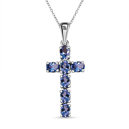 Tanzanite Cross Pendant with Chain (Size 20 Inch) in Platinum Overlay Sterling Silver