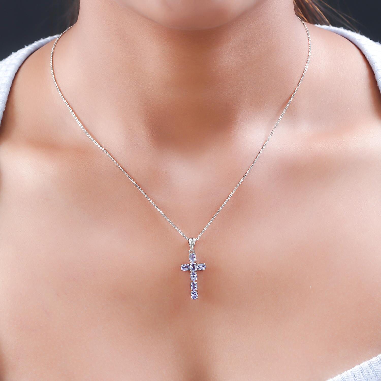Tanzanite Cross Pendant with Chain (Size 20) in Platinum Overlay Sterling Silver 1.30 Ct.