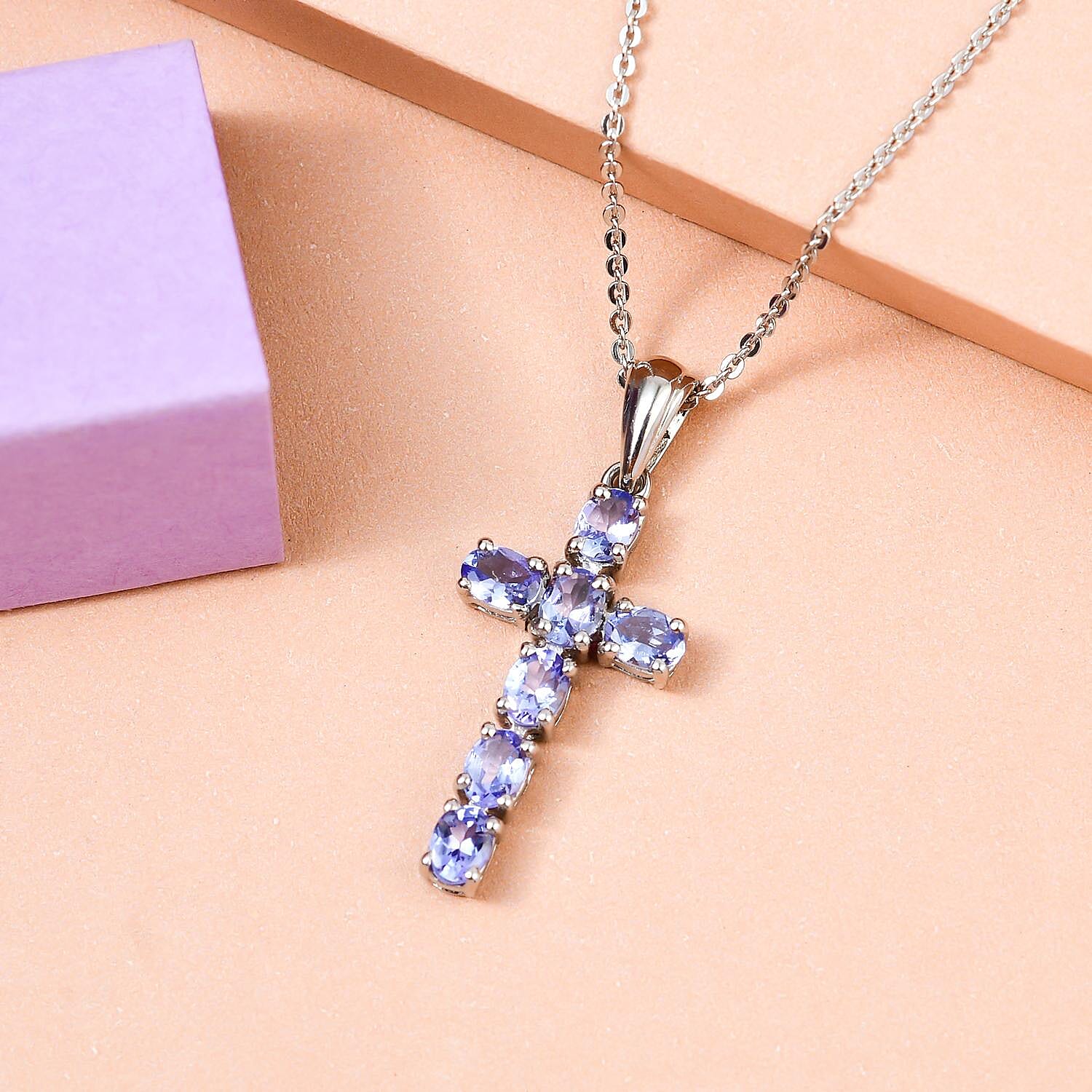 Tanzanite Cross Pendant with Chain (Size 20) in Platinum Overlay Sterling Silver 1.30 Ct.