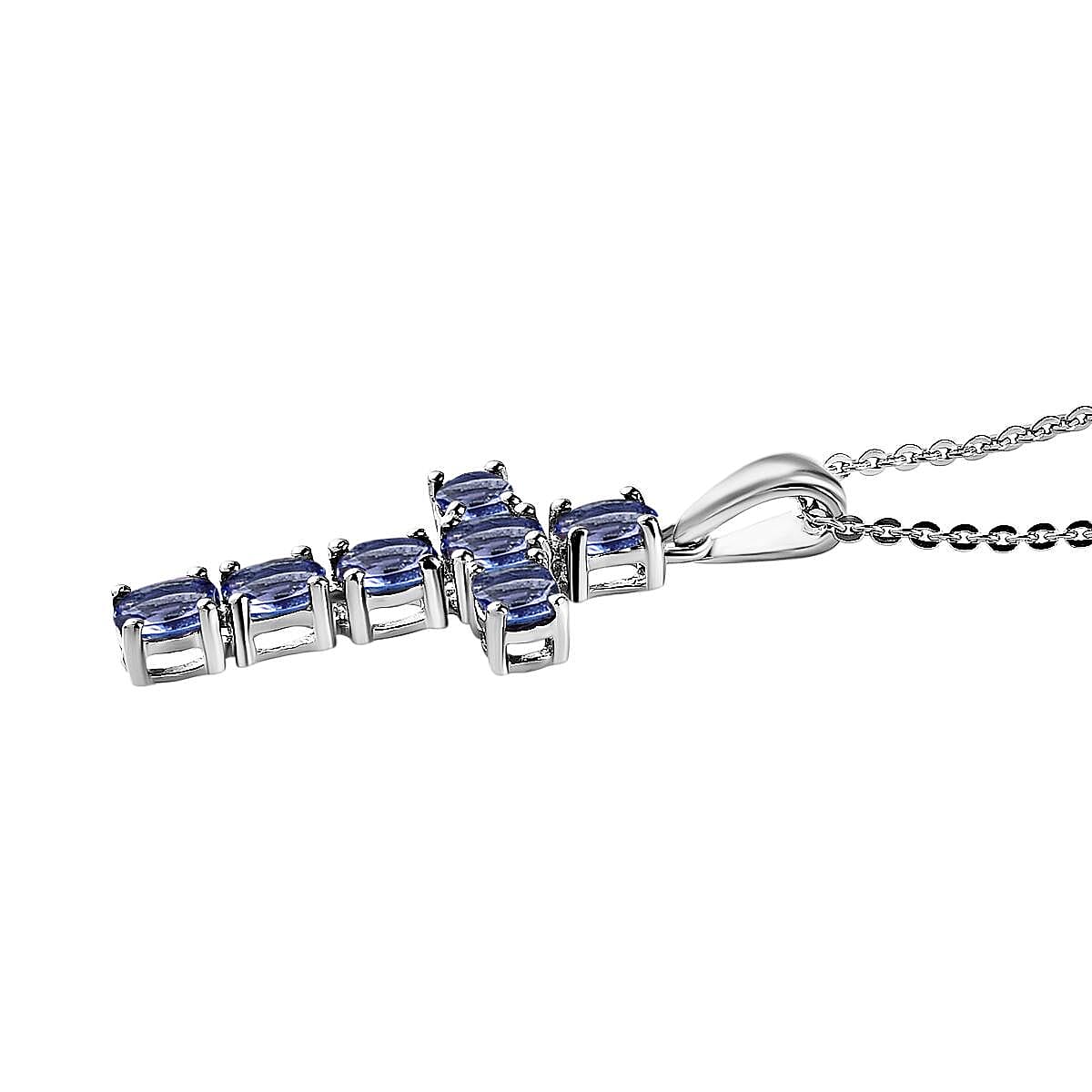 Tanzanite Cross Pendant with Chain (Size 20) in Platinum Overlay Sterling Silver 1.30 Ct.