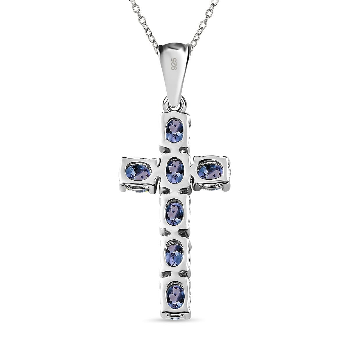 Tanzanite Cross Pendant with Chain (Size 20) in Platinum Overlay Sterling Silver 1.30 Ct.