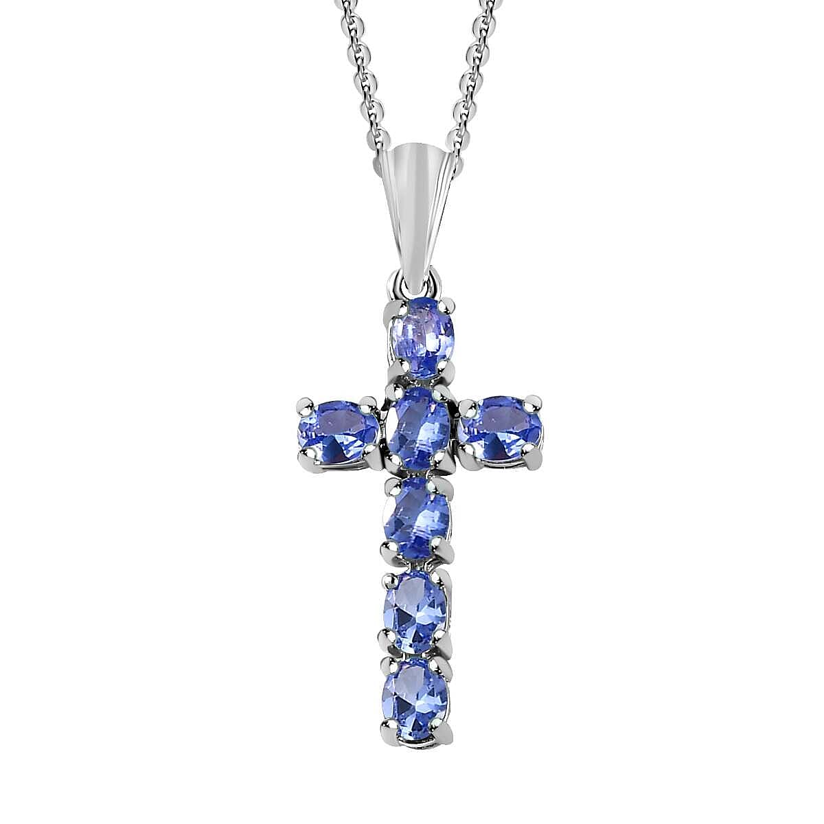 Tanzanite Cross Pendant with Chain (Size 20) in Platinum Overlay Sterling Silver 1.30 Ct.