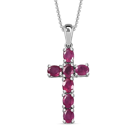 African Ruby Cross Pendant with Chain (Size-20) in Platinum Overlay Sterling Silver 1.90 Ct