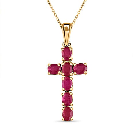 African Ruby Cross Pendant with Chain (Size -20 ) in 18K Vermeil Yellow Gold Plated Sterling Silver 1.77  Ct.