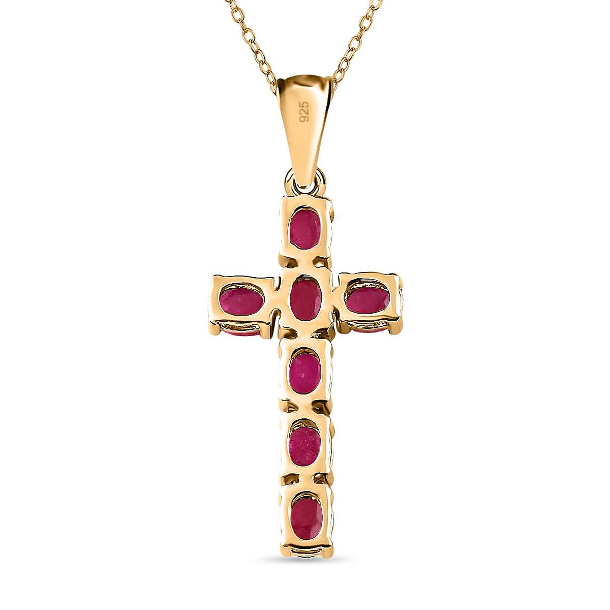 African Ruby Cross Pendant with Chain (Size -20 ) in 18K Vermeil Yellow Gold Plated Sterling Silver 1.77  Ct.