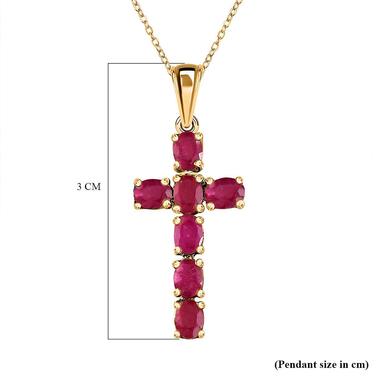 African Ruby Cross Pendant with Chain (Size -20 ) in 18K Vermeil Yellow Gold Plated Sterling Silver 1.77  Ct.