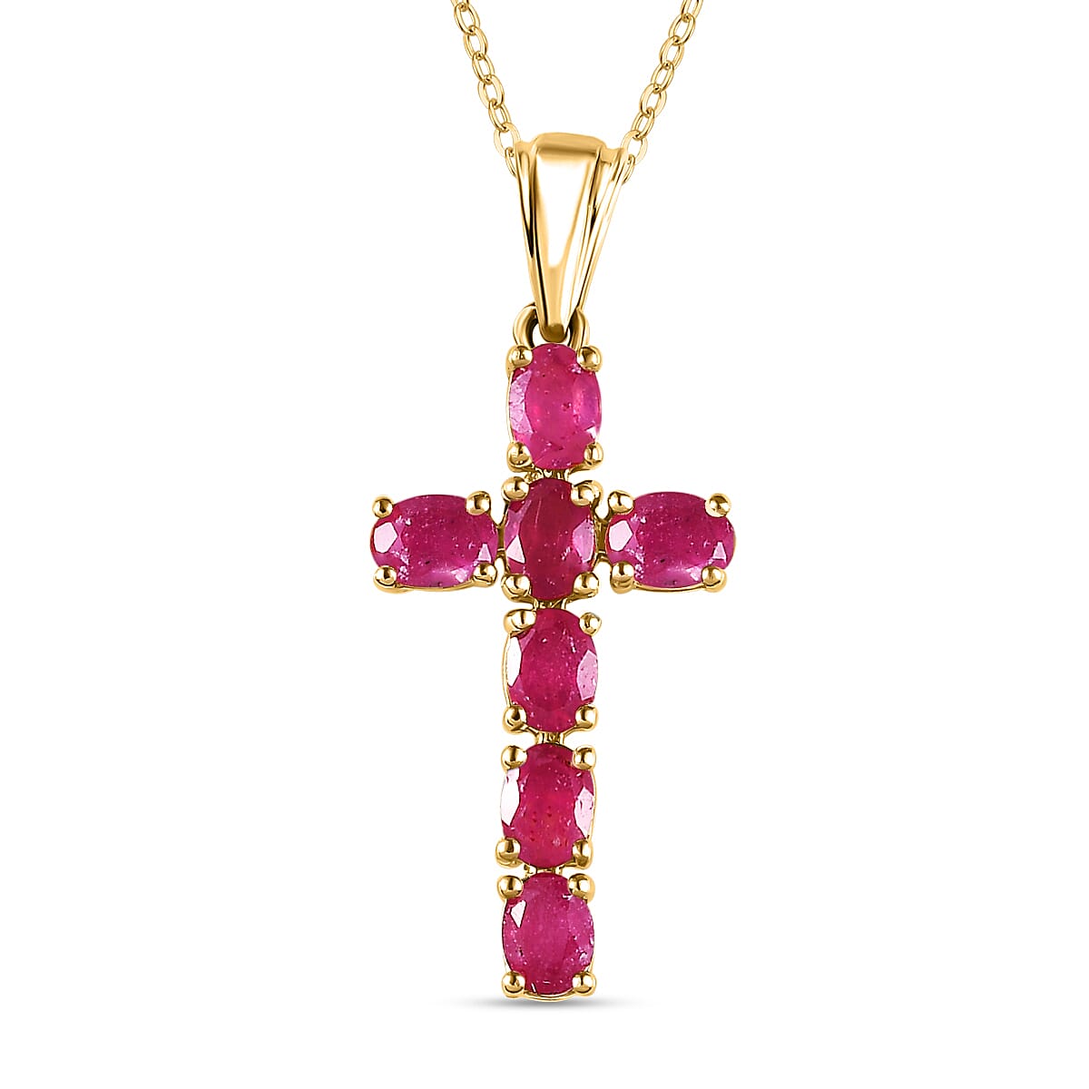 African Ruby Cross Pendant with Chain (Size -20 ) in 18K Vermeil Yellow Gold Plated Sterling Silver 1.77  Ct.