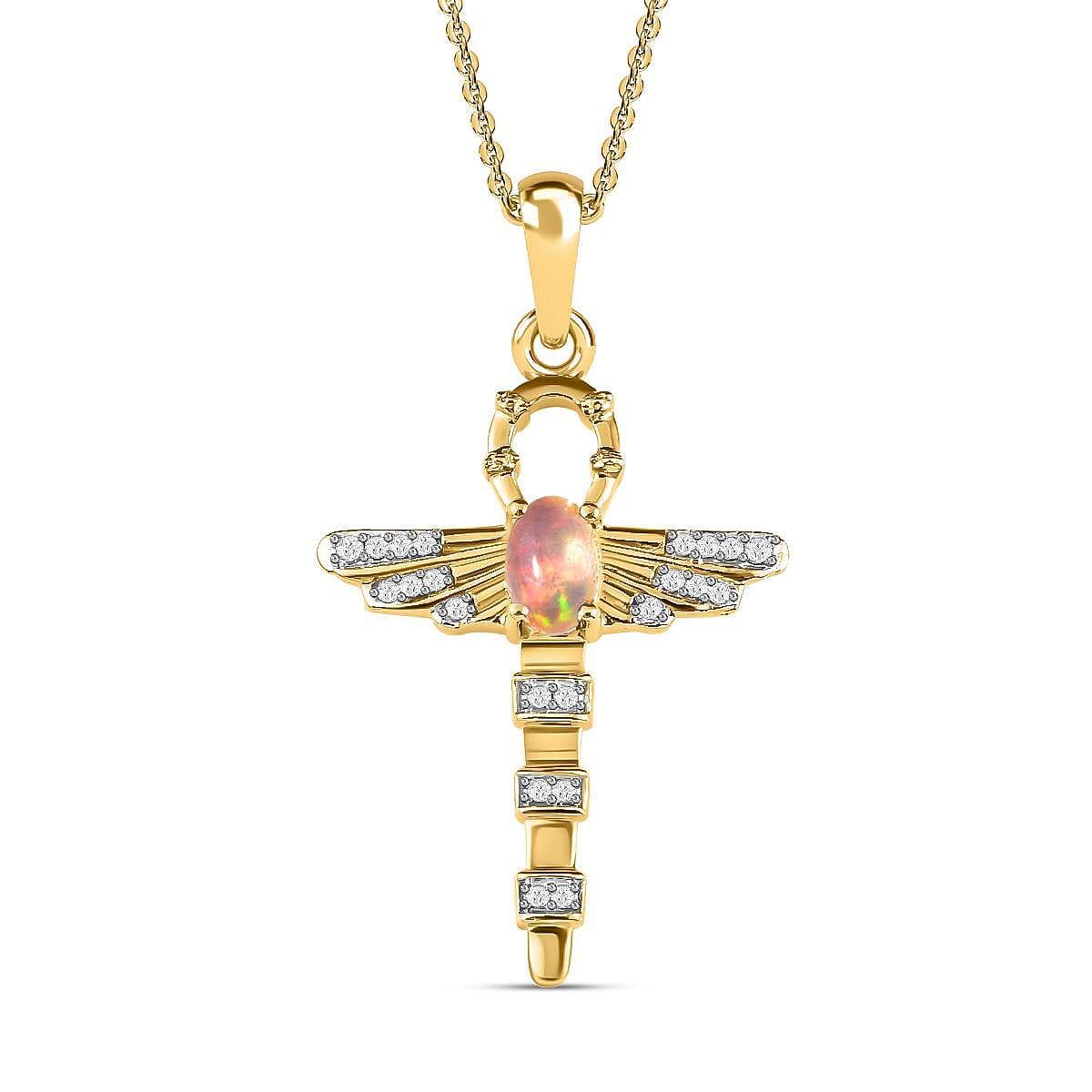 Ethiopian Opal,  White Zircon Chain (Size 20) and Fancy Pendant in 18K Vermeil Yellow Gold Sterling Silver