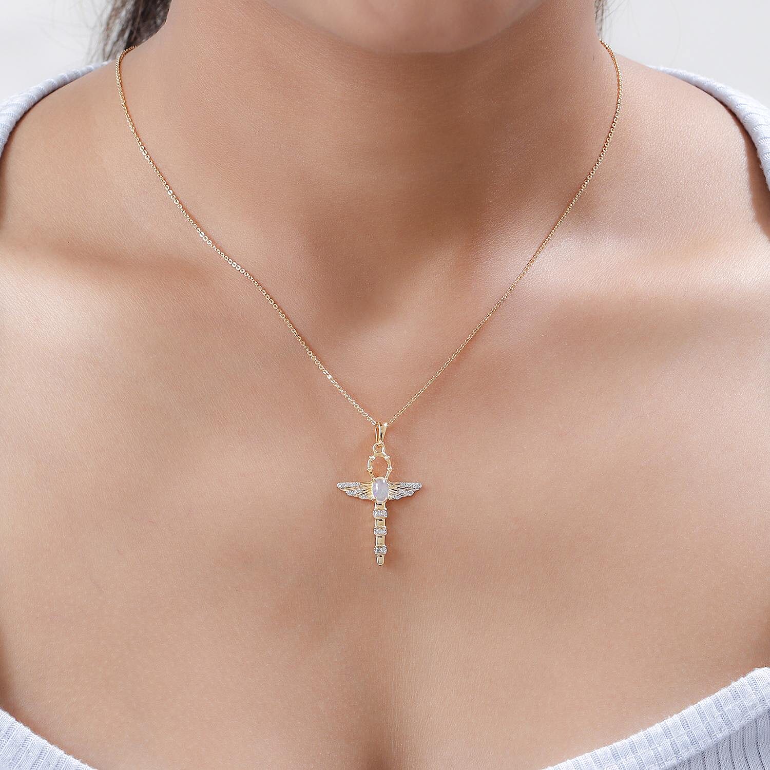 Ethiopian Opal,  White Zircon Chain (Size 20) and Fancy Pendant in 18K Vermeil Yellow Gold Sterling Silver