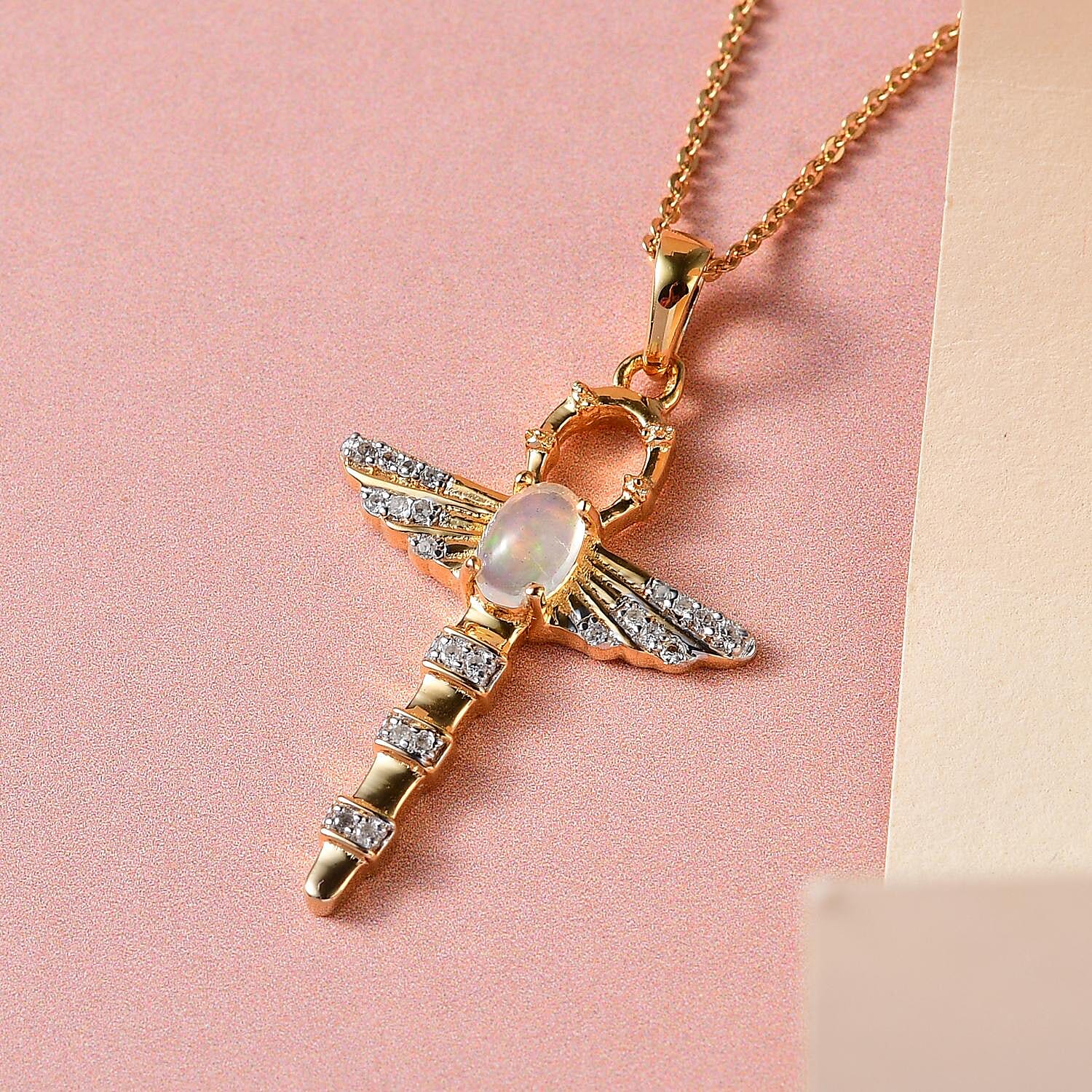 Ethiopian Opal,  White Zircon Chain (Size 20) and Fancy Pendant in 18K Vermeil Yellow Gold Sterling Silver