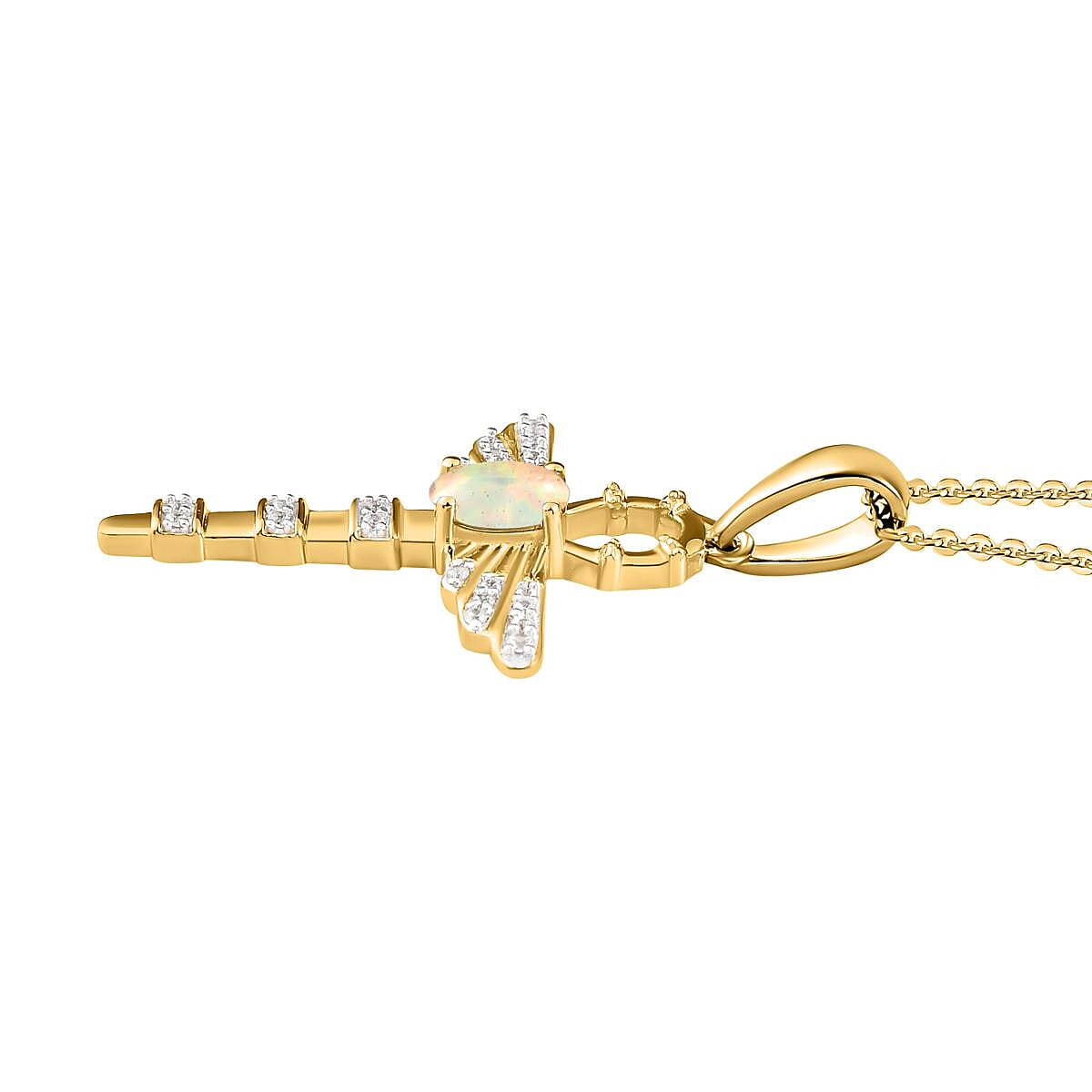 Ethiopian Opal,  White Zircon Chain (Size 20) and Fancy Pendant in 18K Vermeil Yellow Gold Sterling Silver