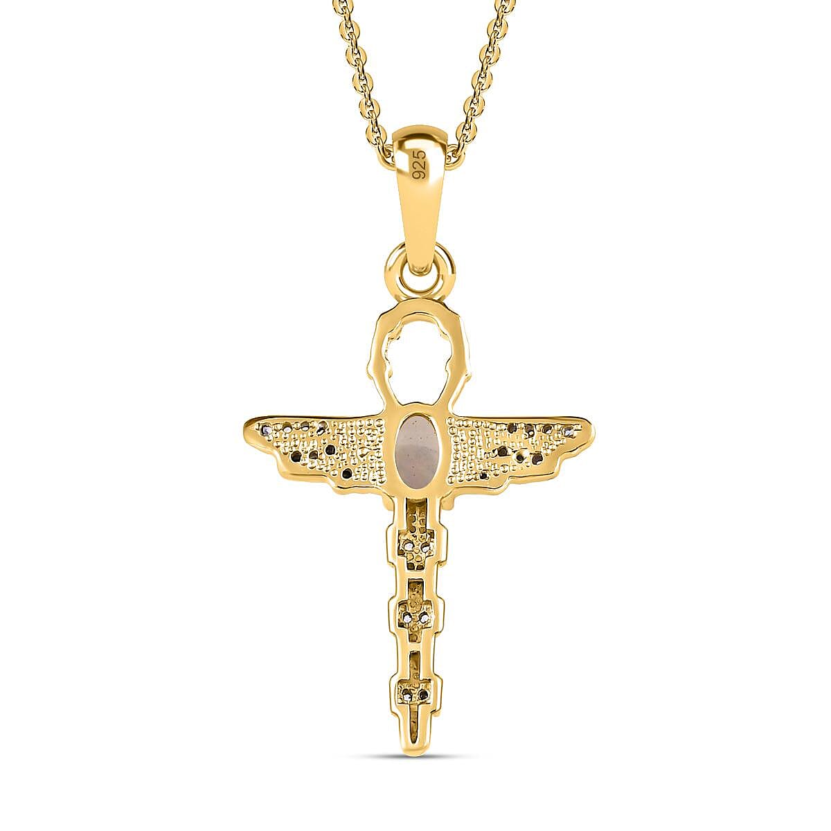 Ethiopian Opal,  White Zircon Chain (Size 20) and Fancy Pendant in 18K Vermeil Yellow Gold Sterling Silver