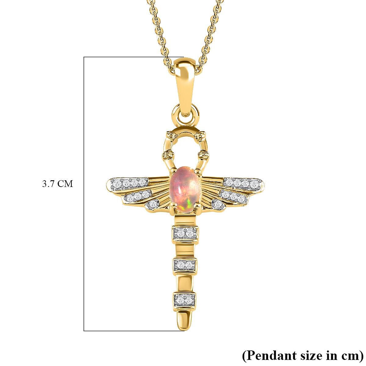 Ethiopian Opal,  White Zircon Chain (Size 20) and Fancy Pendant in 18K Vermeil Yellow Gold Sterling Silver