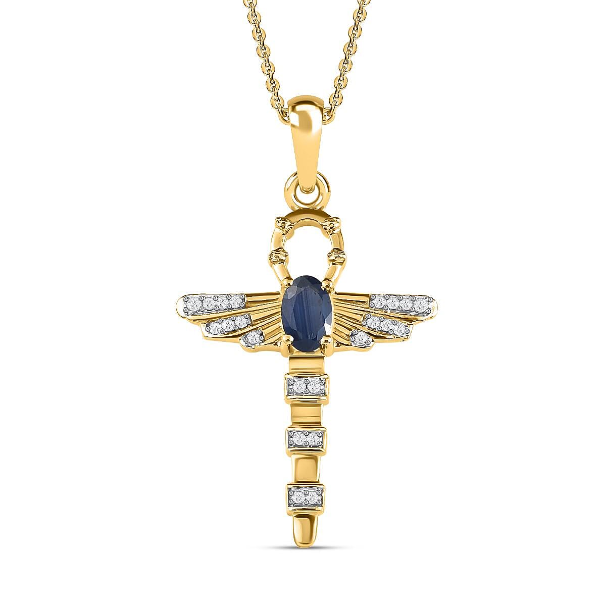 2 Piece Set -  Fissure Filled Blue Sapphire,  White Zircon Chain and Cluster Pendant with Chain (Size-20) in Vermeil YG 18K Sterling Silver